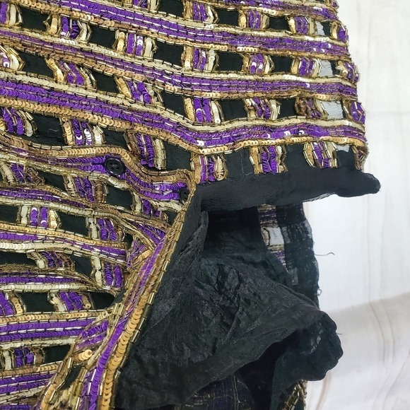 Vintage 80s Silk Beaded Sparkly Black Purple Button Down Blouse Size Medium - Picture 6 of 11